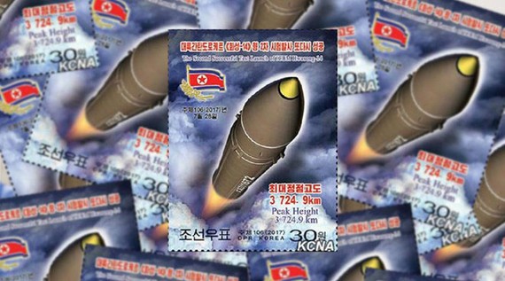 Triều Tiên phát hành một bộ tem đánh dấu việc phóng thử tên lửa thành công. Ảnh: KCNA