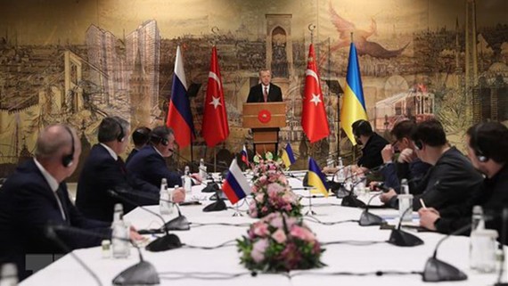 Tổng thống Thổ Nhĩ Kỳ Recep Tayyip Erdogan (giữa) trong cuộc gặp phái đoàn Nga (trái) và Ukraine (phải) tại thành phố Istanbul, ngày 29-3. Ảnh: THX