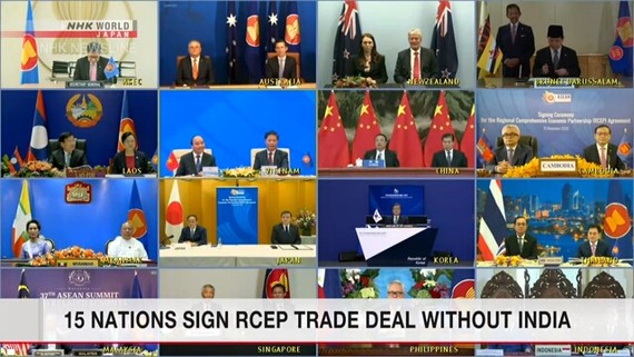 15 nước kí hiệp định RCEP, Ấn Độ không tham gia. Ảnh:NHK