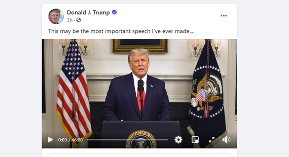 Bài phát biểu của ông Trump đăng tải trên Facebook. Ảnh: Chụp màn hình Facebook