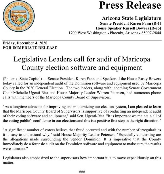 Thông cáo báo chí của Nghị viện Arizona yêu cầu kiểm tra thiết bị bỏ phiếu của Hạt Maricopa.
