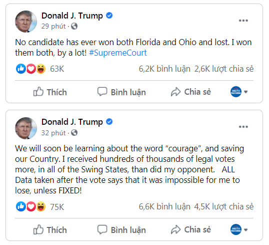 Các bài đăng Facebook hôm 9/12/2020 của TT Trump. (Ảnh chụp màn hình)