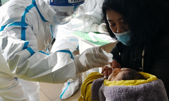 Một nhân viên y tế lấy mẫu tăm bông từ trẻ sơ sinh để kiểm tra COVID-19 ở Thạch Gia Trang, tỉnh Hà Bắc, Trung Quốc, vào ngày 7 tháng 1 năm 2021. (STR / CNS / AFP qua Getty Images)