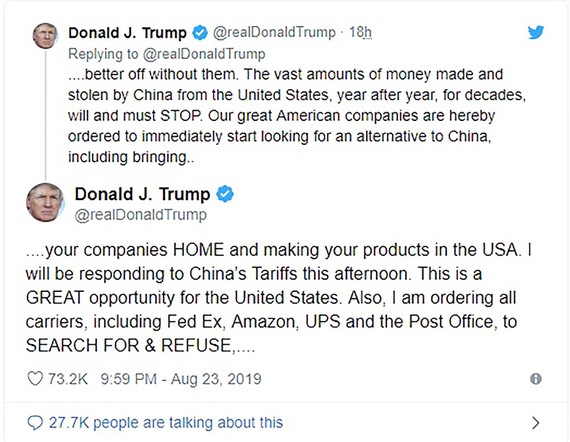 Tổng thống Donald Trump kêu gọi các công ty Mỹ rời bỏ Trung Quốc trên trang Twitter cá nhân