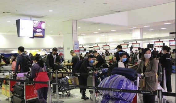 Công dân Việt Nam xếp hàng làm thủ tục lên máy bay tại sân bay quốc tế Sydney để khởi hành về nước, ngày 3-7-2020. Ảnh: TTXVN