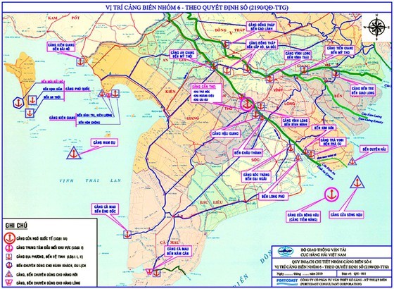 Bản đồ quy hoạch Nhóm cảng biển số 6 - vùng ĐBSCL. Ảnh: TUẤN QUANG