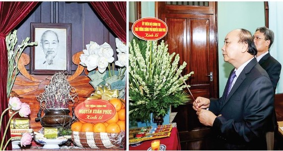 Thủ tướng Nguyễn Xuân Phúc dâng hương tưởng niệm Bác Hồ ở Nhà 67, Khu Di tích Chủ tịch Hồ Chí Minh tại Phủ Chủ tịch. Ảnh: TTXVN