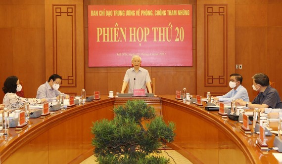 Tổng Bí thư Nguyễn Phú Trọng chủ trì phiên họp thứ 20 của Ban Chỉ đạo Trung ương về phòng, chống tham nhũng vào tháng 8-2021. Ảnh: TTXVN