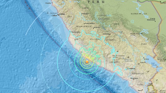 Tâm chấn động đất ngày 14-1-2018 ở Thái Bình Dương, cách TP Acari ở Arequipa, Nam Peru, khoảng 40 km. Ảnh: USGS
