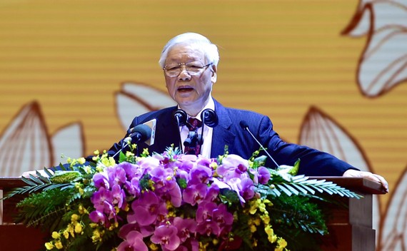 Tổng Bí thư, Chủ tịch nước Nguyễn Phú Trọng đọc diễn văn tại lễ kỷ niệm. Ảnh: QUANG PHÚC