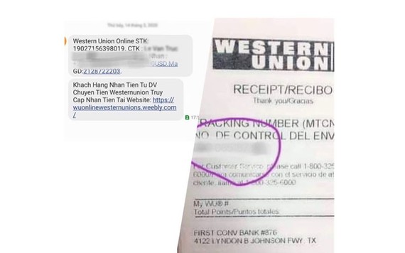 Các đối tượng lừa đảo giả lập một hóa đơn, chứng từ tiếp nhận tiền của dịch vụ chuyển tiền quốc tế Western Union rồi gửi tin nhắn hình ảnh cho bị hại