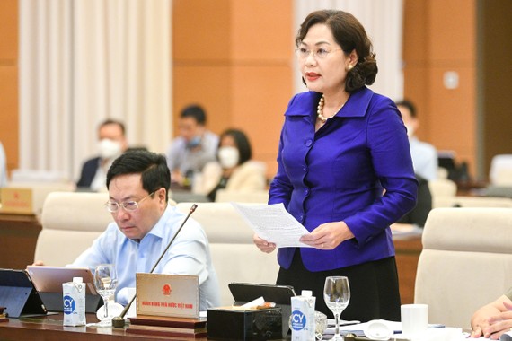 Thống đốc Ngân hàng Nhà nước Nguyễn Thị Hồng báo cáo tại  phiên họp của  Ủy ban Thường vụ Quốc hội về thí điểm xử lý nợ xấu của các tổ chức tín dụng