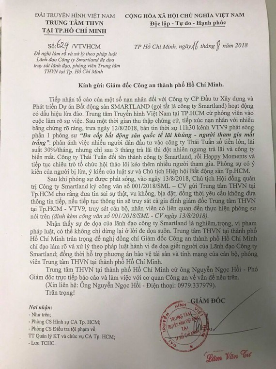 Trung tâm Truyền hình Việt Nam tại TPHCM gửi văn bản lên Công an TPHCM. Ảnh: C.T.