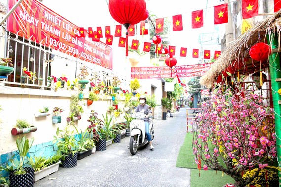 Hẻm 153 đường Nguyễn Thị Minh Khai trang trí đón tết trong hương sắc bình an. Ảnh: DŨNG PHƯƠNG