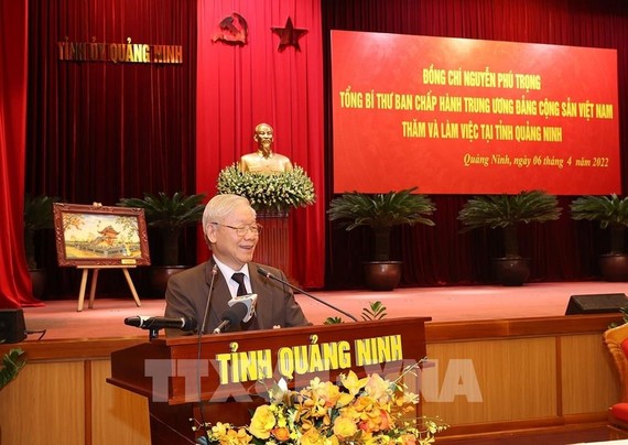 Tổng Bí thư Nguyễn Phú Trọng phát biểu tại buổi làm việc với tỉnh Quảng Ninh. Ảnh: TTXVN