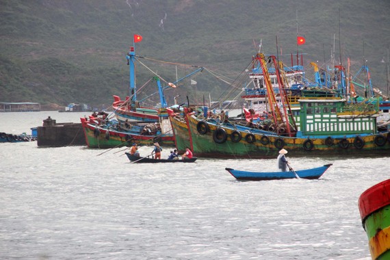Nhiều tàu cá tại Bình Định tuy nằm bờ nhưng vẫn gửi máy HF (máy thông tin liên lạc tầm xa kết hợp với định vị) ra biển để làm hồ sơ hoàn thành chuyến biển rồi nhận tiền hỗ trợ. Ảnh: NGỌC OAI