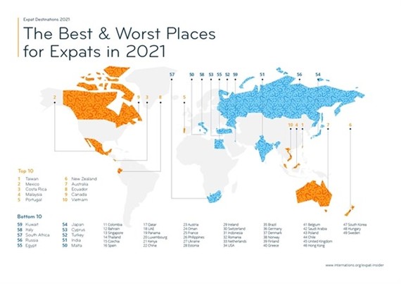 Map of the best and worst places for expats in 2021 (Photo courtesy of InterNations)
