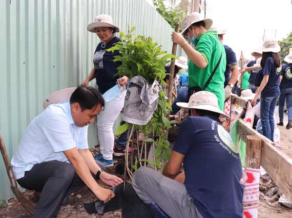 Nhân viên CEP cùng người dân trồng cây xanh trên tuyến đường Bình Long