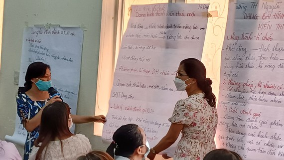 Chương trình lớp 3 mới: Tăng khả năng sáng tạo cho học sinh Giáo viên tham gia bồi dưỡng sách giáo khoa mới tại Trường Tiểu học Đinh Tiên Hoàng (quận 1) vào sáng 26-7