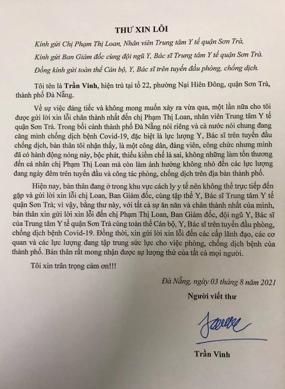 Phó Chánh Văn phòng Đoàn ĐBQH - HĐND TP Đà Nẵng gửi thư xin lỗi nữ kỹ thuật viên xét nghiệm ảnh 1