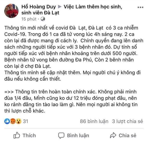 Khởi tố đối tượng đăng tin 'giả' Đà Lạt có người tử vong vì Covid-19 ảnh 1