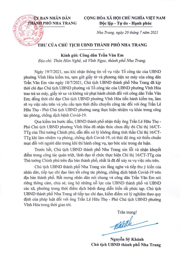 Chủ tịch UBND TP Nha Trang gởi thư xin lỗi nhân vật trong vụ việc 'bánh mì không phải thực phẩm thiết yếu' ảnh 1