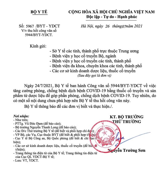 Bộ Y tế thu hồi công văn về phòng chống dịch Covid-19 bằng thuốc y học cổ truyền ảnh 1
