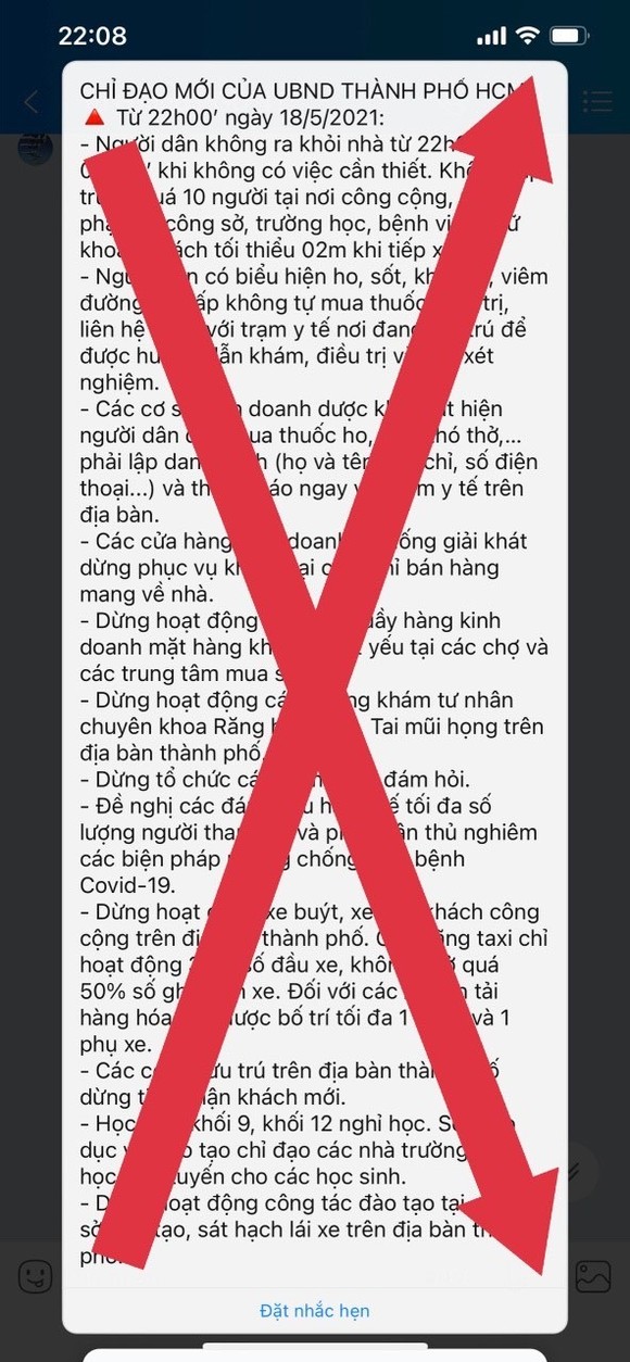 Thông tin lan truyền trên mạng xã hội về “Chỉ đạo mới của UBND TPHCM từ 22 giờ ngày 18-5-2021” là giả mạo ảnh 1