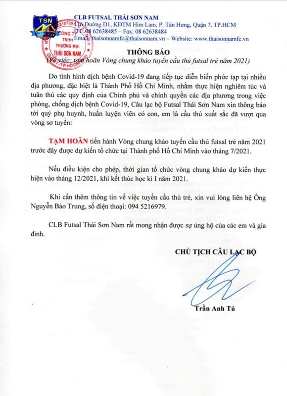 Thái Sơn Nam hoãn vòng chung kết tuyển sinh đến tháng 12 ảnh 1