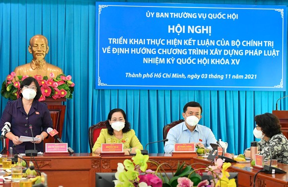Phó Trưởng đoàn chuyên trách Đoàn ĐBQH TPHCM Văn Thị Bạch Tuyết phát biểu tham luận tại hội nghị. Ảnh: VIỆT DŨNG
