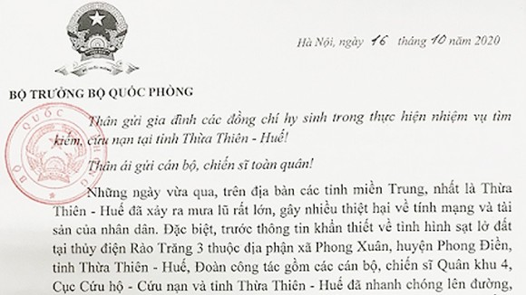 Đại tướng Ngô Xuân Lịch gửi thư chia buồn tới gia đình 13 cán bộ, chiến sĩ hy sinh ở Thừa Thiên - Huế ảnh 1
