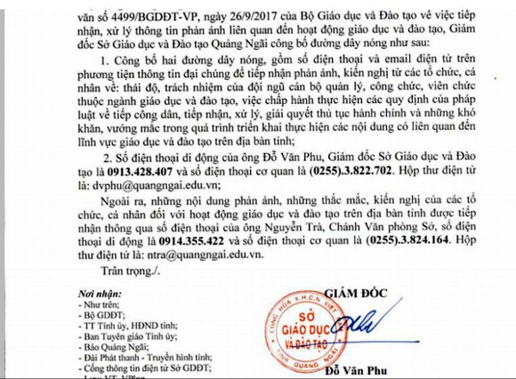 Sở GD-ĐT tỉnh Quảng Ngãi công bố đường dây nóng giải quyết vướng mắc giáo dục ảnh 1