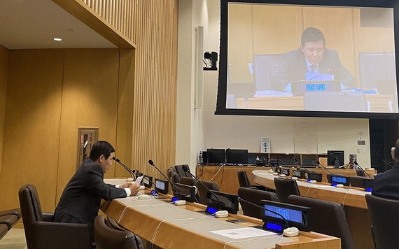 越南常駐聯合國代表團團長鄧廷貴大使在會議上發表講話。（圖源：越通社）
