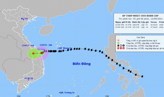 5號颱風今早12日已轉弱成熱帶低氣壓。圖為熱帶氣壓的移動方向。（圖源：中央水文氣象預報中心）