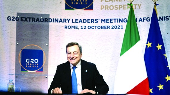 意大利總理德拉吉在羅馬主持二十國集團阿富汗問題領導人特別峰會。（圖源：互聯網）