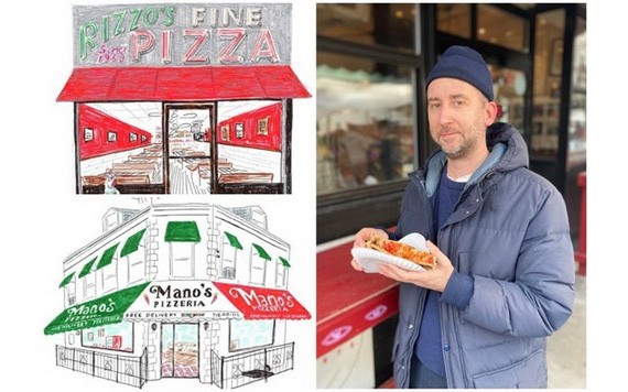 霍蘭(右圖)繪畫紐約市內多間薄餅店。（圖：互聯網）