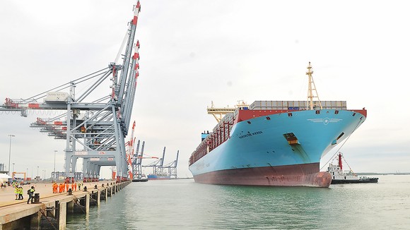Tàu siêu trọng vào nhận hàng tại khu cảng Cái Mép - Thị Vải     Ảnh: CAO THĂNG