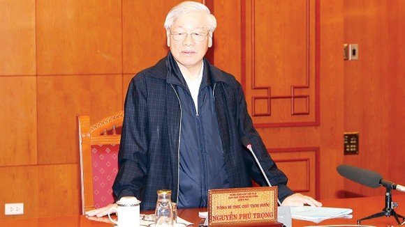  Tổng Bí thư, Chủ tịch nước Nguyễn Phú Trọng, Trưởng Tiểu ban Nhân sự  Đại hội XIII của Đảng, phát biểu chỉ đạo cuộc họp. Ảnh: TTXVN