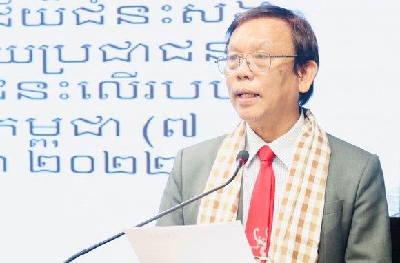 Phó Chủ tịch Thường trực Hội Hữu nghị Việt Nam - Campuchia TPHCM Nguyễn Văn Triệu phát biểu tại lễ kỷ niệm. Nguồn: THANHUYTPHCM