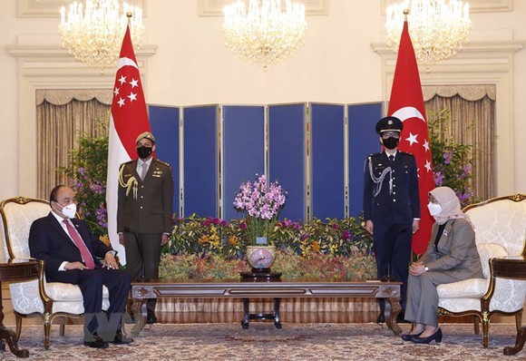 Chủ tịch nước Nguyễn Xuân Phúc hội đàm với Tổng thống Cộng hòa Singapore Halimah Yacob. Ảnh: TTXVN
