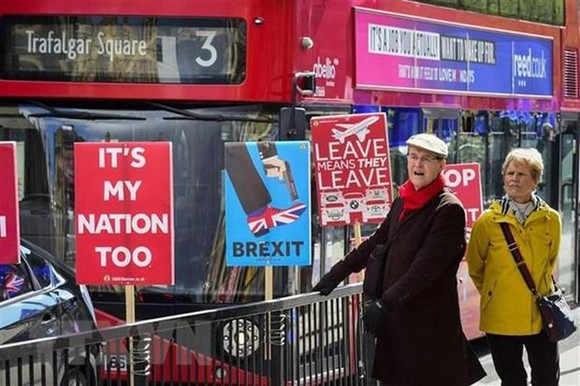 Người dân tuần hành phản đối Brexit bên ngoài tòa nhà Quốc hội ở London, Anh, ngày 19/3/2019. (Nguồn: THX/TTXVN)