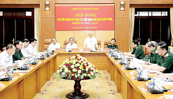 Tổng Bí thư Nguyễn Phú Trọng, Bí thư Quân ủy Trung ương phát biểu khai mạc Hội nghị giới thiệu nguồn quy hoạch các chức danh lãnh đạo Bộ Quốc phòng nhiệm kỳ 2021 – 2026. Ảnh: TTXVN