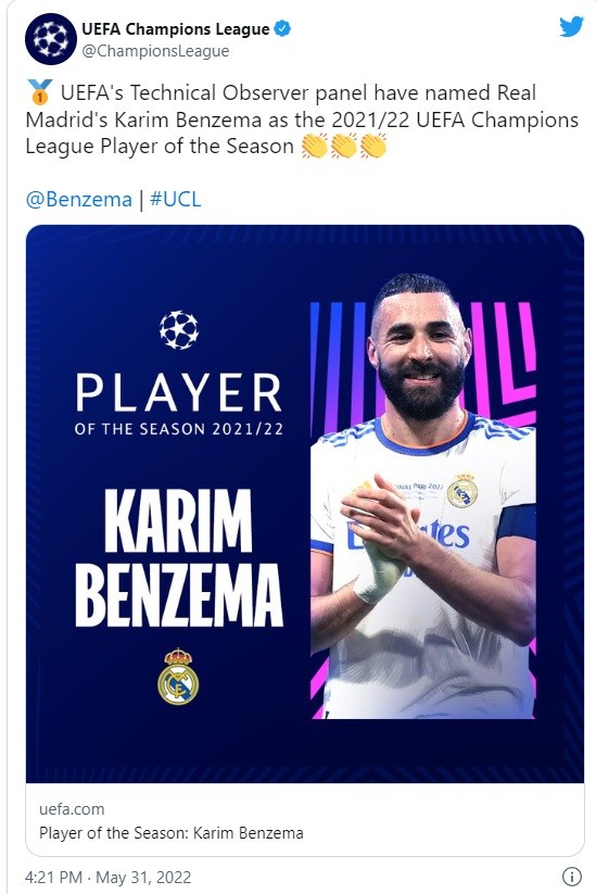 Karim Benzema được bầu chọn là Cầu thủ xuất sắc nhất Champions League 2021-2022 ảnh 1