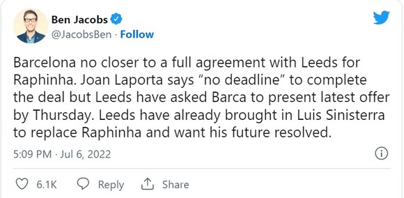 Leeds ra tối hậu thư cho Barcelona: Phải đề nghị chuyển nhượng Raphinha trong vòng 24 giờ ảnh 1