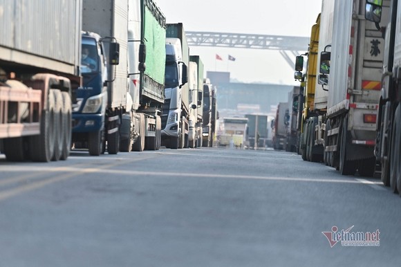 Xe container xếp hàng dài hơn 3km tại Cửa khẩu Bắc Luân 2, Quảng Ninh (ảnh: Phạm Công)