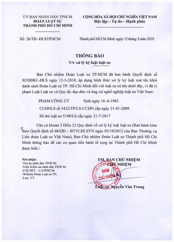 Xóa tên luật sư Phạm Công Út khỏi Đoàn Luật sư TPHCM ảnh 1