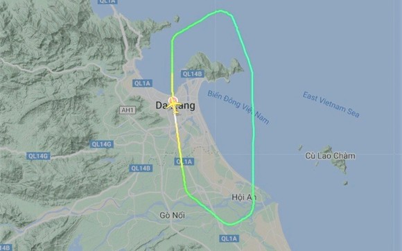 Máy bay Vietnam Airlines số hiệu VN7184 vừa cất cánh đã phải đáp khẩn cấp xuống sân bay Đà Nẵng trưa 27-7. Ảnh: Flightradar.
