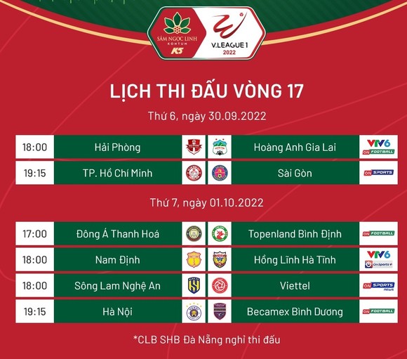 Bảng xếp hạng và lịch thi đấu vòng 17 V-League 2022 ảnh 1