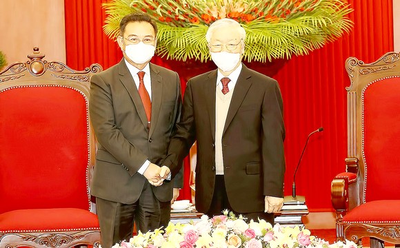 Tổng Bí thư Nguyễn Phú Trọng tiếp Chủ tịch Quốc hội Lào Saysomphone Phomvihane. Ảnh: TTXVN