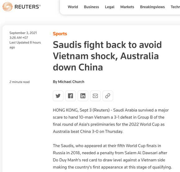 Truyền thông quốc tế chọn thẻ đỏ của Duy Mạnh làm điểm nhấn trận Saudi Arabia - Việt Nam ảnh 1